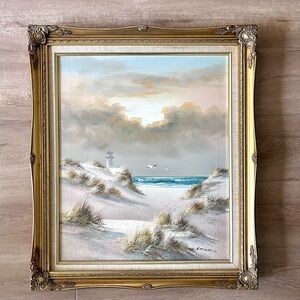 Beautiful Embossed Framed Seascape Oil Painting on Canvas by H. Mondrian 29”x25”